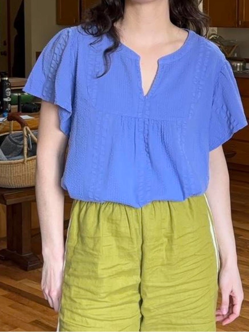 Purple J. Jill cotton textured flutter sleeve split neck blouse size large